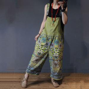 Ethnic Printed Wide Leg Jumpsuits Vintage Plus Size Cotton Overalls