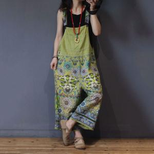 Ethnic Printed Wide Leg Jumpsuits Vintage Plus Size Cotton Overalls