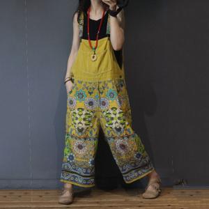 Ethnic Printed Wide Leg Jumpsuits Vintage Plus Size Cotton Overalls