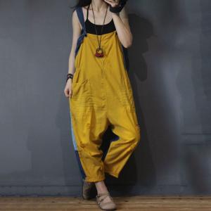 Contrast Color Back Printed Jumpsuits Loose Cotton Dungarees