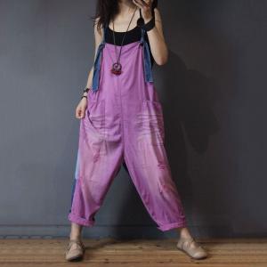 Contrast Color Back Printed Jumpsuits Loose Cotton Dungarees