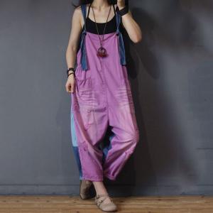 Contrast Color Back Printed Jumpsuits Loose Cotton Dungarees