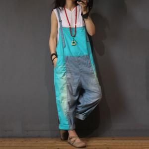 Color Block Fashion Baggy Overalls Womans Cotton Jumpsuits