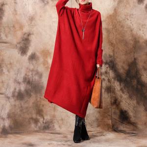 Long Sleeve Knitted Sweater Dress Plus Size Maxi Red Dress