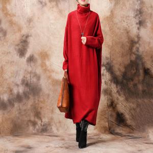 Long Sleeve Knitted Sweater Dress Plus Size Maxi Red Dress