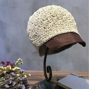 Handmade Cotton Linen Beanie Leather Brim Beret Hat