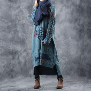 Fish Printed Blue Dress Woolen Loose Sweater Dress