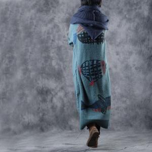 Fish Printed Blue Dress Woolen Loose Sweater Dress