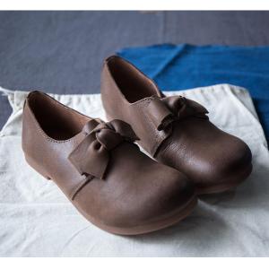 Bowknot Decoration Vintage Saddle Shoes Cowhide Leather Flats for Woman