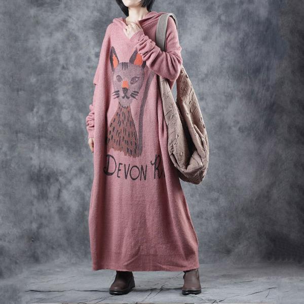 Long Sleeve Cat Pattern Knitting Dress Large Hoodie Pink Dress