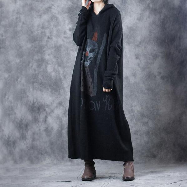 Korean Fashion Sweater Loose Dress Hooded Womans Cartoon Dress