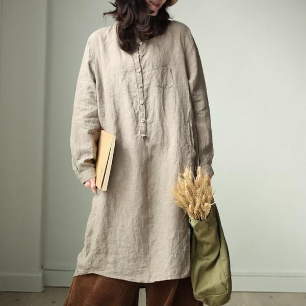 Simple Design Loose Linen Shirt Dress Woman Plain Flax Clothing