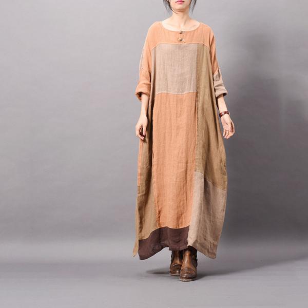 Beautiful Color Blocks Plus Size Linen Dress Asymmetrical Vintage Caftan