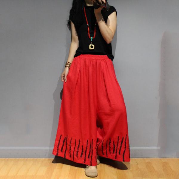 Retro Style Linen Wide Leg Pants Embroidered Plain Palazzo Pants