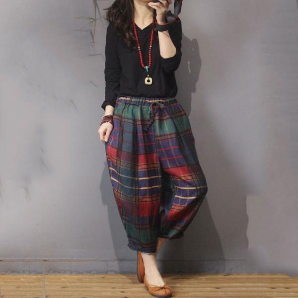 British Style Vintage Plaid Pants Cotton Linen Harem Trousers Womens