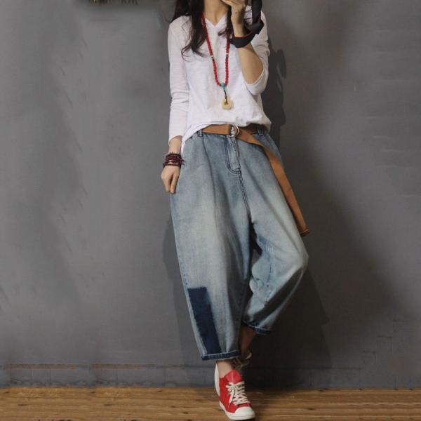 Blue Contrast Baggy Jeans Korean Low Rise Jeans