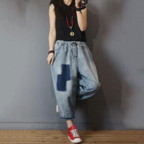 Korean Fashion Blue Patchwork Denim Bootcuts Baggy Drawstring Jeans