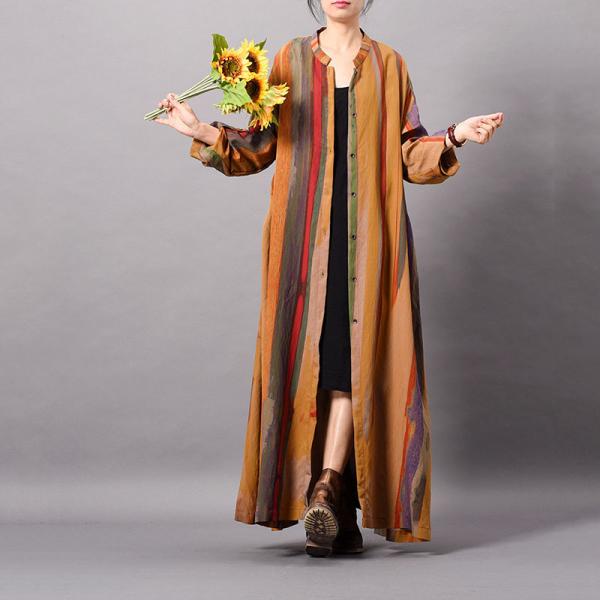 Colorful Striped Silk Cardigan Loose Maxi Shirt Dress