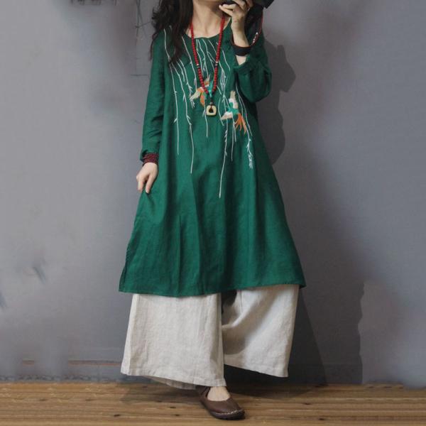 Linen Chinese Crane Embroidered Dress Vintage Knee-Length Dress