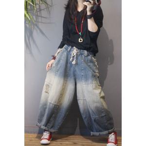 Color Fading Harem Jeans Baggy Korean Ripped Jeans for Woman