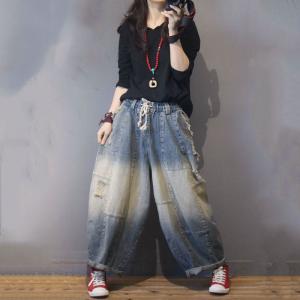Color Fading Harem Jeans Baggy Korean Ripped Jeans for Woman