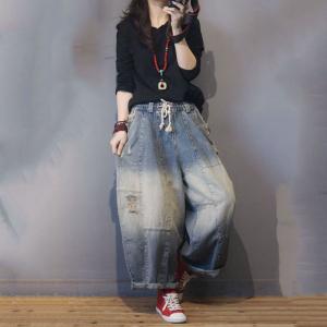 Color Fading Harem Jeans Baggy Korean Ripped Jeans for Woman