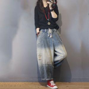 Color Fading Harem Jeans Baggy Korean Ripped Jeans for Woman