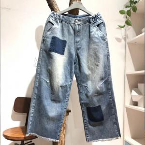 Straight-Leg Blue Contrast Baggy Jeans Womans Denim Bootcuts