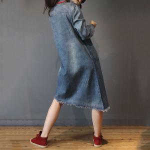 Raw Hem Denim Shirt Dress Loose Long Sleeve Jean Dress