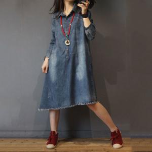 Raw Hem Denim Shirt Dress Loose Long Sleeve Jean Dress