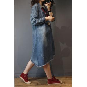 Raw Hem Denim Shirt Dress Loose Long Sleeve Jean Dress