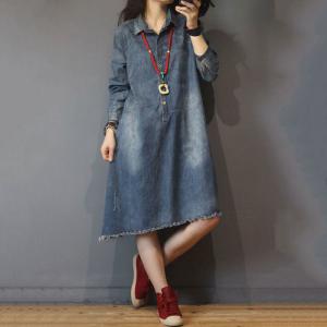 Raw Hem Denim Shirt Dress Loose Long Sleeve Jean Dress