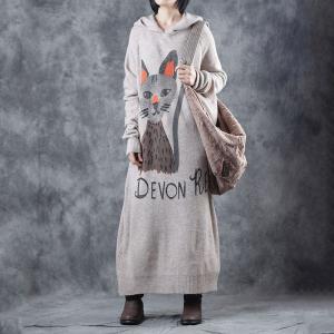 Cartoon Cat Loose Sweater Dress Cotton Hooded Korean Dress