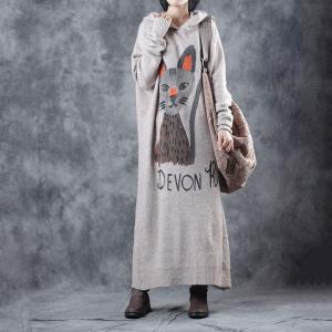 Cartoon Cat Loose Sweater Dress Cotton Hooded Korean Dress