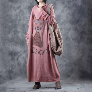 Long Sleeve Cat Pattern Knitting Dress Large Hoodie Pink Dress