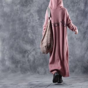 Long Sleeve Cat Pattern Knitting Dress Large Hoodie Pink Dress