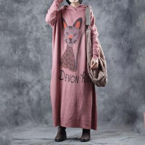 Long Sleeve Cat Pattern Knitting Dress Large Hoodie Pink Dress