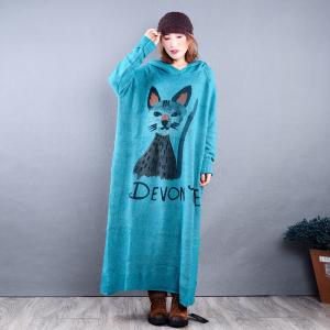 Korean Fashion Sweater Loose Dress Hooded Womans Cartoon Dress