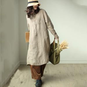 Simple Design Loose Linen Shirt Dress Woman Plain Flax Clothing