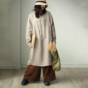Simple Design Loose Linen Shirt Dress Woman Plain Flax Clothing