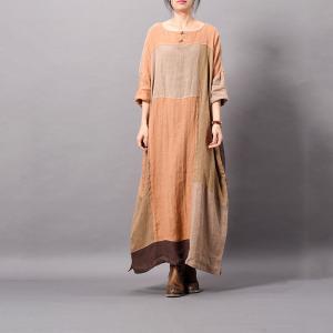 Beautiful Color Blocks Plus Size Linen Dress Asymmetrical Vintage Caftan