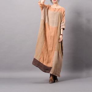 Beautiful Color Blocks Plus Size Linen Dress Asymmetrical Vintage Caftan