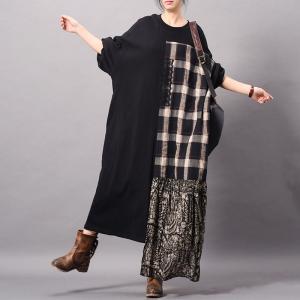 Linen Patchwork Asymmetrical Vintage Dress Large Size Black Dress