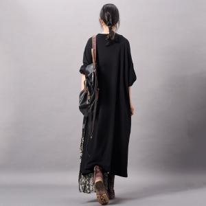 Linen Patchwork Asymmetrical Vintage Dress Large Size Black Dress