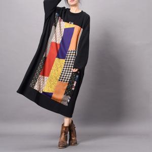 Colorful Geometric Patterns Cotton Loose Dress Thick Knee Length Dress