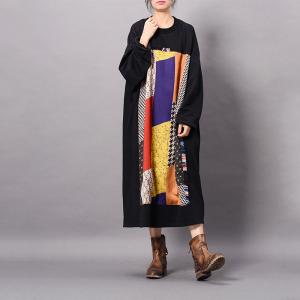 Colorful Geometric Patterns Cotton Loose Dress Thick Knee Length Dress