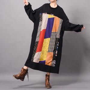 Colorful Geometric Patterns Cotton Loose Dress Thick Knee Length Dress