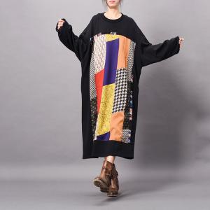 Colorful Geometric Patterns Cotton Loose Dress Thick Knee Length Dress