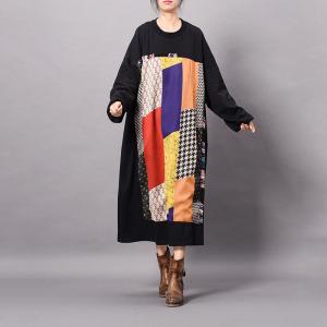 Colorful Geometric Patterns Cotton Loose Dress Thick Knee Length Dress