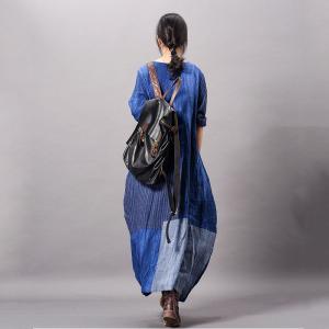 Blue Contrast Cotton Linen Dress Loose Flared Striped Dress